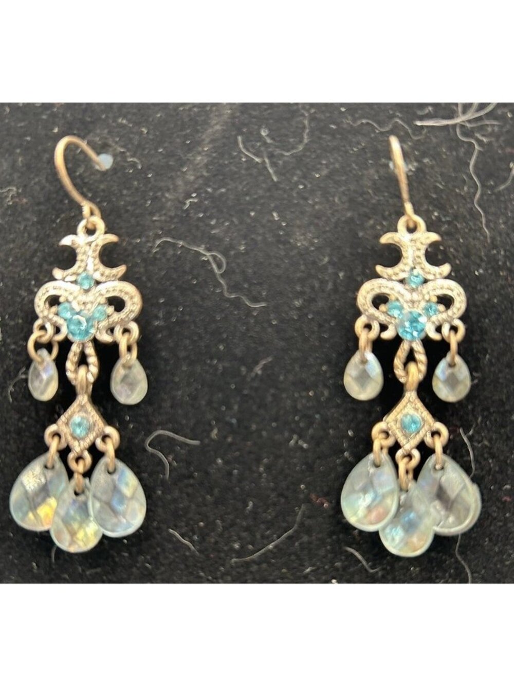 Silver Toned Aquamarine Turquoise Colored Bead Dangle Earrings